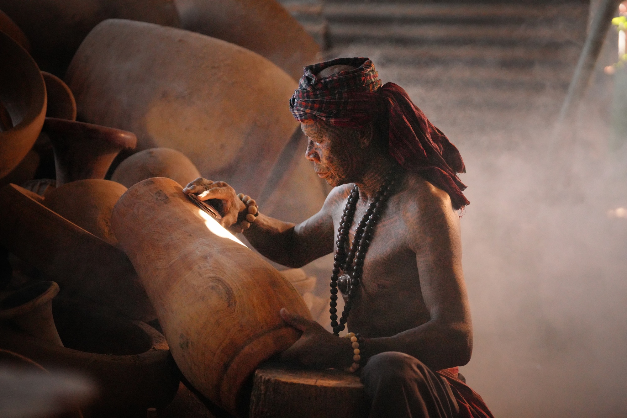 Asian village lifestyle, moment a man making and crafting handmade wood