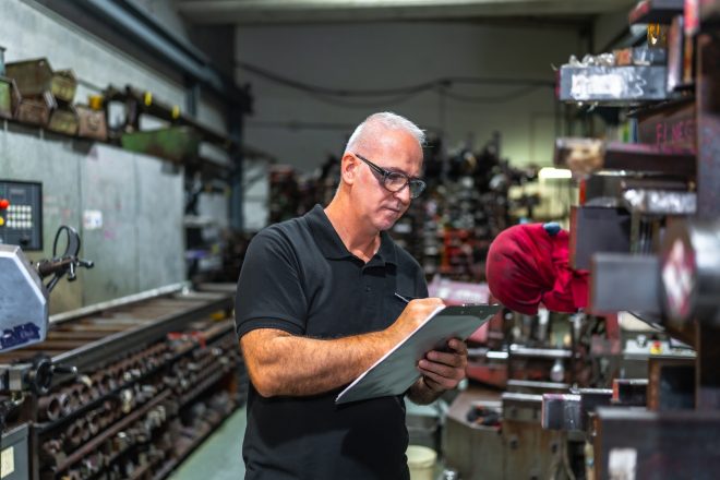 Mature worker doing inventory in a metallurgical factory