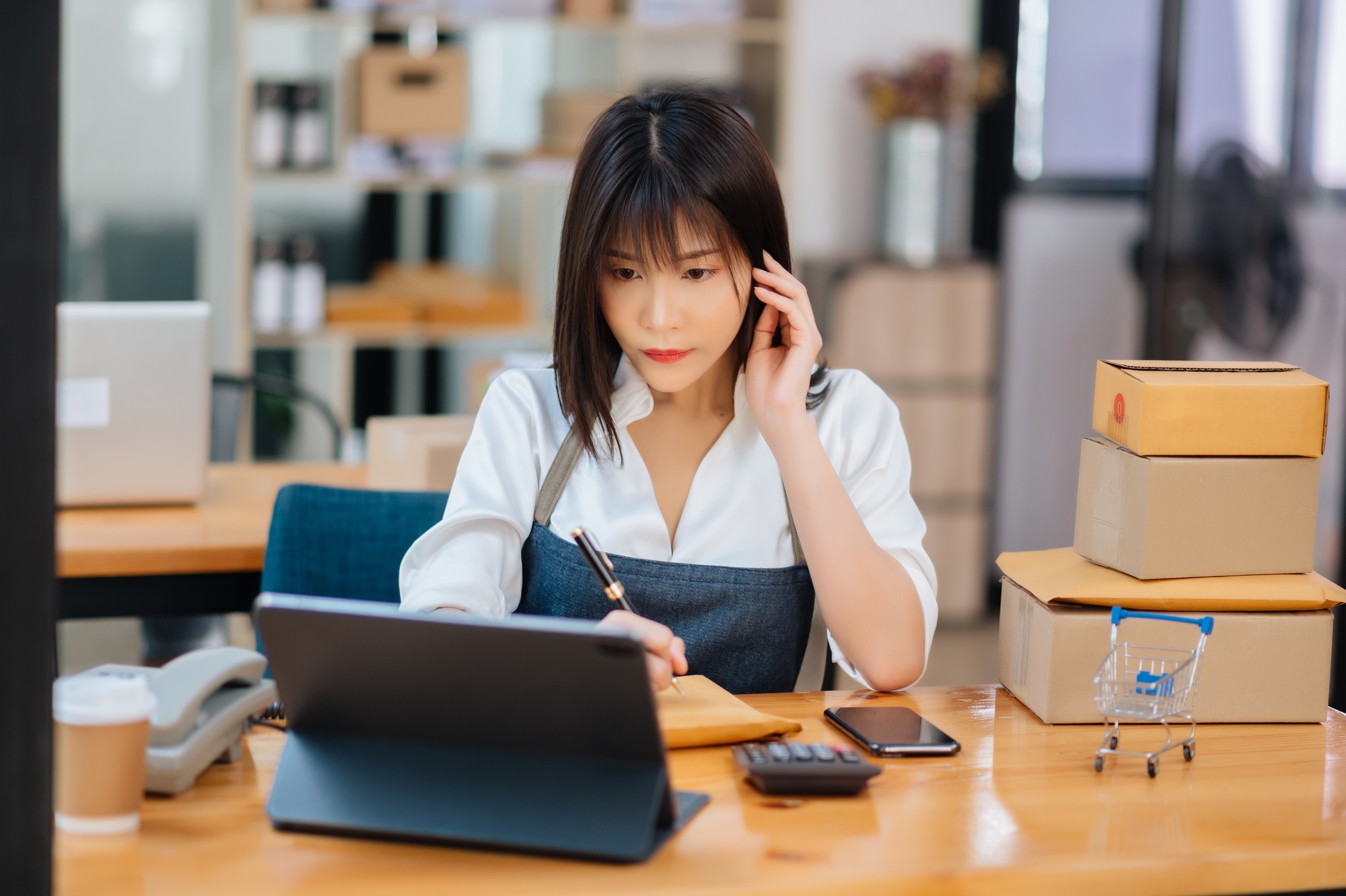 Young business owner woman prepare parcel box and standing check online orders for deliver